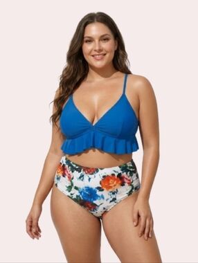SouqFone High Cut Blue White Floral Bikini Beach Swimsuit Swimwear NWT